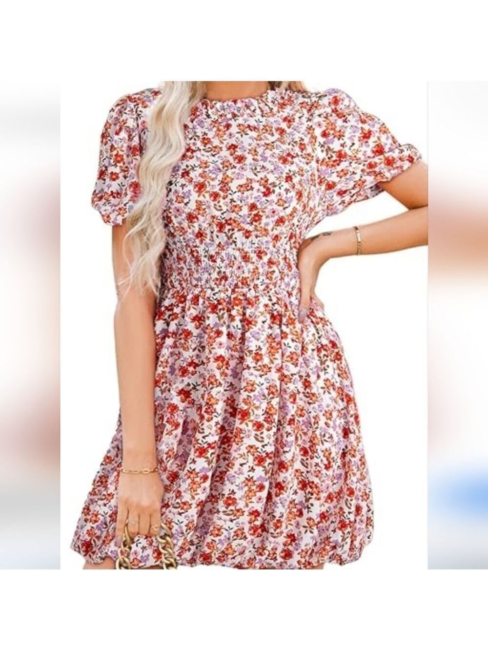 Dokotoo Womens Boho  Crewneck Puff Sleeve Tie Back Empire Waist Dress NWOT Siz L